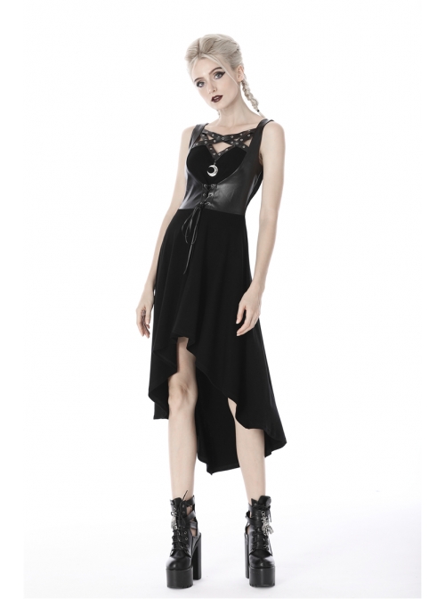Leather Bandage Metal Moon Pendant Lace-Up Waist Long Fishtail Punk Dress