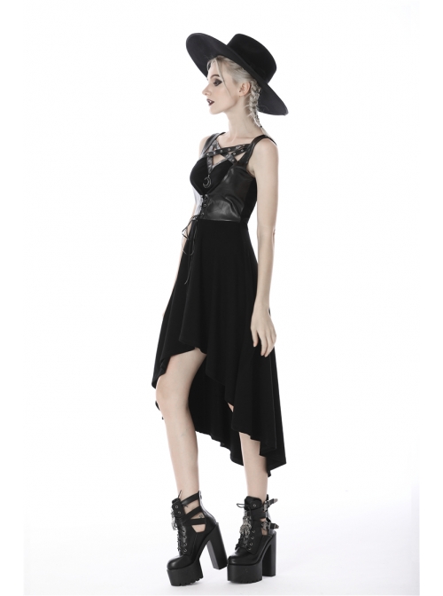 Leather Bandage Metal Moon Pendant Lace-Up Waist Long Fishtail Punk Dress