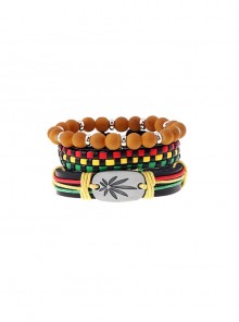 Red Green And Yellow Personalized Hip-Hop Street Cowhide Woven Neutral Beaded Three-Piece Bracelet