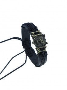 Personalized Vintage Braided Bronze Alloy Wolf Head Unisex Leather Bracelet