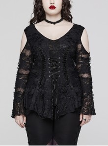 Black Elastic Knitted Rose V-Neck Hollow Symmetrical Adjustable Gothic Style Sexy T-Shirt