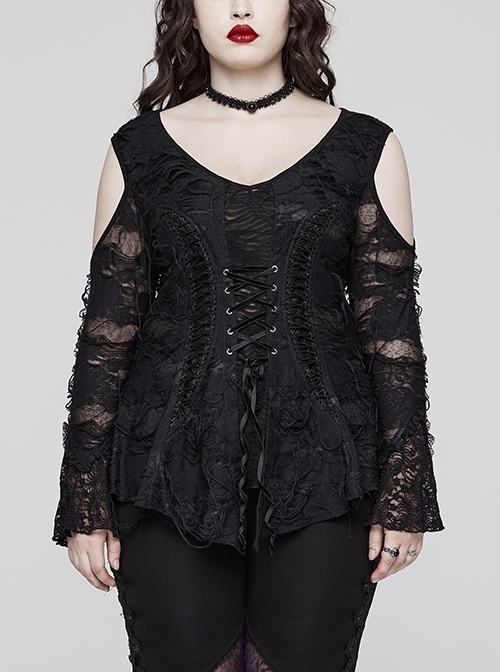 Black Elastic Knitted Rose V-Neck Hollow Symmetrical Adjustable Gothic Style Sexy T-Shirt