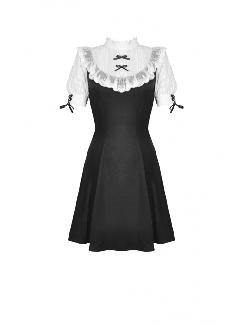 Black Lolita Lace Bow Short Sleeves Midi Gothic Dress