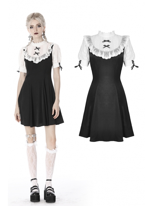Black Lolita Lace Bow Short Sleeves Midi Gothic Dress