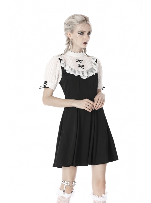 Black Lolita Lace Bow Short Sleeves Midi Gothic Dress