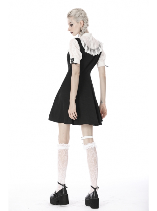 Black Lolita Lace Bow Short Sleeves Midi Gothic Dress