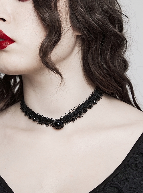 Adjustable Black Braided Lace Split Faux Small Gemstone Gothic Delicate Necklace
