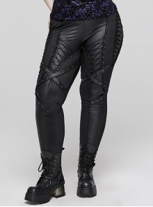 Slim-Fit Black Stretch Faux Leather Symmetrical Split Metal Eyelet Lace-Up Punk Pants