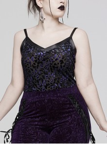 Black And Purple Adjustable Stretch Leopard Mesh Stitching Taped Sexy Gothic Style V-Neck Vest