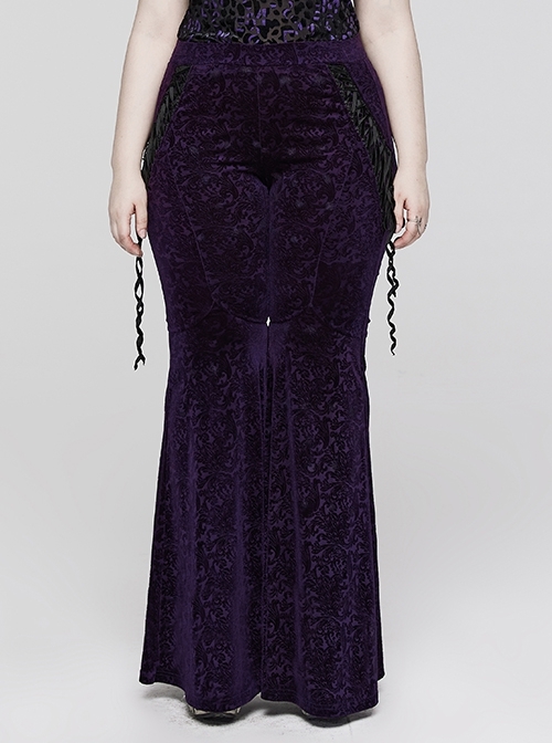 Purple Stretch-Embossed Velvet Split Gothic-Jacquard Flared Pants