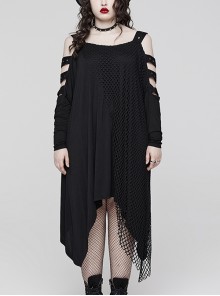 Loose Black Irregular Hem Stitching Mesh Shoulder Hollow Punk Style Sexy Dress