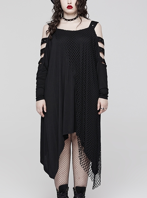 Loose Black Irregular Hem Stitching Mesh Shoulder Hollow Punk Style Sexy Dress