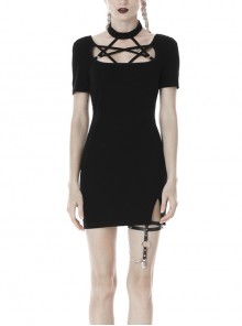 Chest Bandage Short Sleeve Split Hem Black Tight Punk Dress