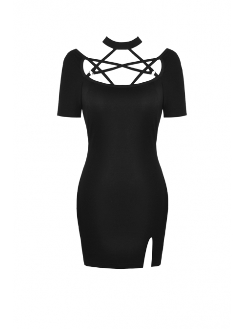 Chest Bandage Short Sleeve Split Hem Black Tight Punk Dress