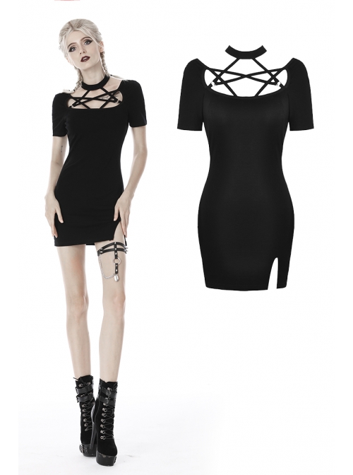 Chest Bandage Short Sleeve Split Hem Black Tight Punk Dress
