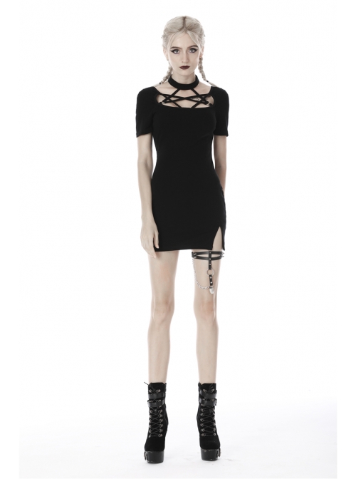 Chest Bandage Short Sleeve Split Hem Black Tight Punk Dress