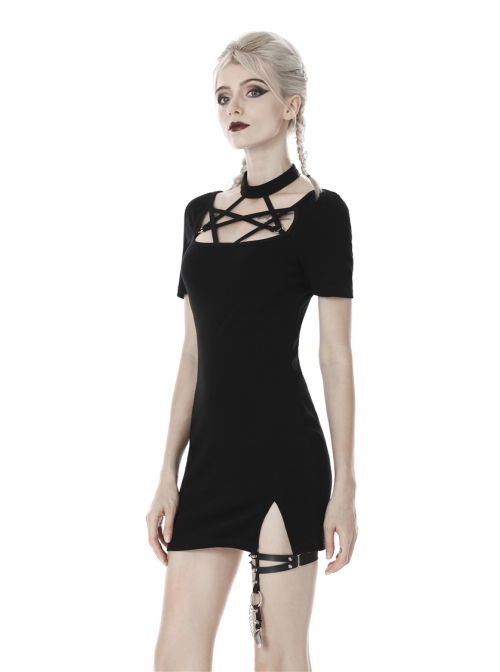 Chest Bandage Short Sleeve Split Hem Black Tight Punk Dress - Magic  Wardrobes