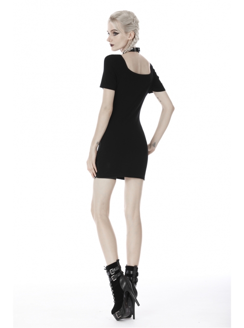 Chest Bandage Short Sleeve Split Hem Black Tight Punk Dress