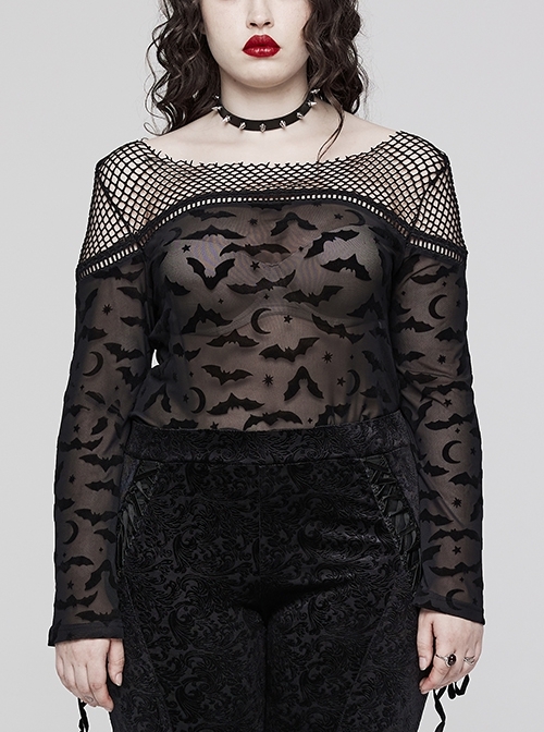 Stretch Black Mesh Paneled Bat Flocked Off-The-Shoulder Gothic Daily T-Shirt