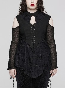 Black Stretch Rose Knit Texture Strapless Gothic Drop Collar Everyday T-Shirt