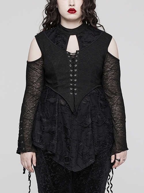 Black Stretch Rose Knit Texture Strapless Gothic Drop Collar Everyday T-Shirt