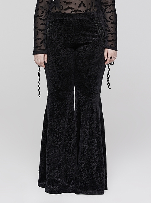 Black Stretch-Embossed Velvet Split Gothic-Jacquard Flared Pants