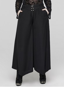 Loose-Fit Black Twill Woven Carved Mushroom Button Gothic Culottes