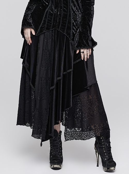 Black Irregular Gathering Velvet Lace Delicate Lace Gothic Layered Skirt