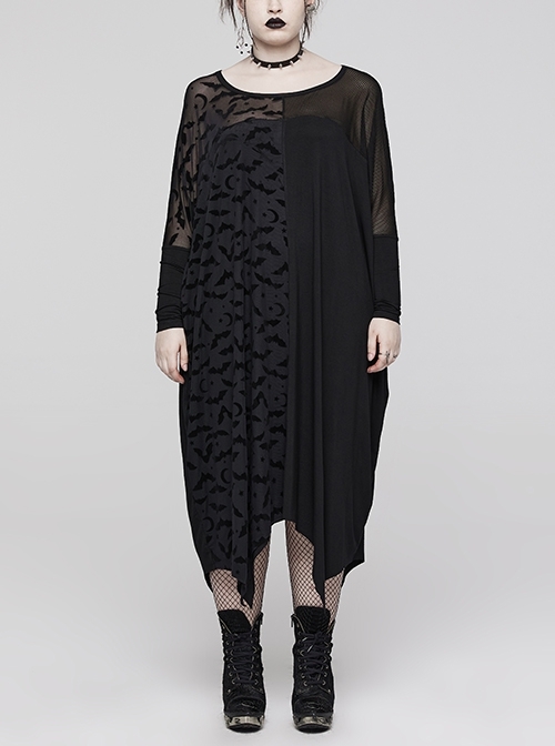 Black Stretch Dolman Flocked Mesh Loose Dolman Sleeve Irregular Hem Gothic Daily Dress