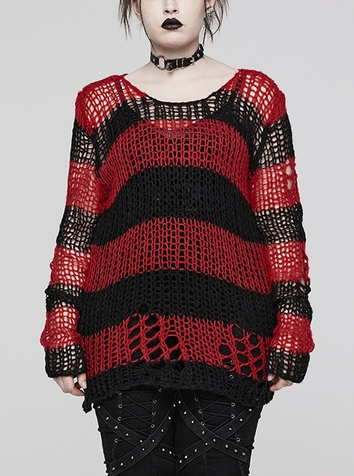 Large Round Neck Black And Red Color Contrast Striped Mohair Irregular Hole Gothic Pullover Sweater