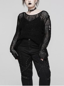 Scoop Neck Black Mohair Ripped Gothic Pullover Sweater