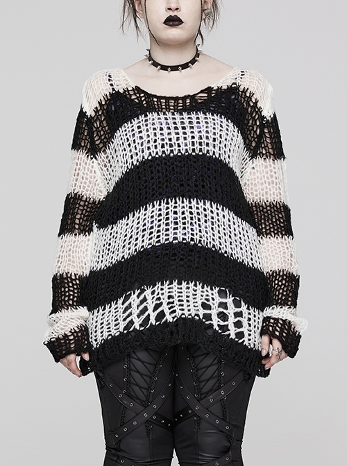 Black And White Contrasting Color Big Round Neck Mohair Irregular Holes Gothic Pullover Sweater
