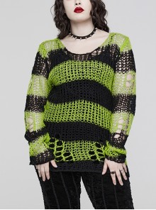 Black And Green Contrast Color Large Round Neck Mohair Irregular Hole Gothic Pullover Sweater