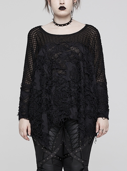 Loose Elastic Black Mesh Stitching Tattered Knit Dolman Sleeve Punk Style Decadent Long-Sleeved T-Shirt