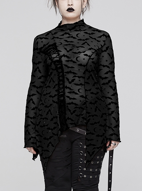 Mock Neck Black Stretch Bat Flocked Mesh Irregular Hem Tie-In Gothic Style Long-Sleeved T-Shirt