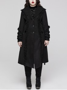 Lace Neck Diamond Button Stretch Black Sherpa Gothic Wool Jacket