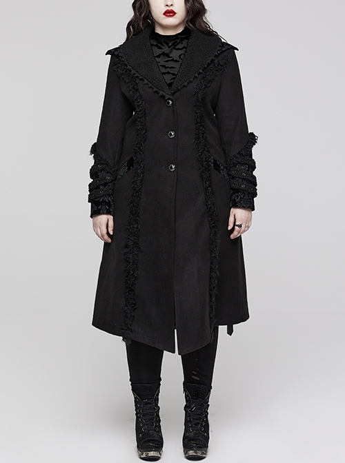 Lace Neck Diamond Button Stretch Black Sherpa Gothic Wool Jacket