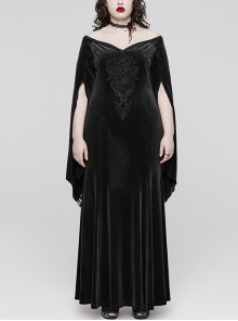 Black Stretch Velvet Lace V-Neck Oversized AppliquéD Rope Back Gothic Gown Dress