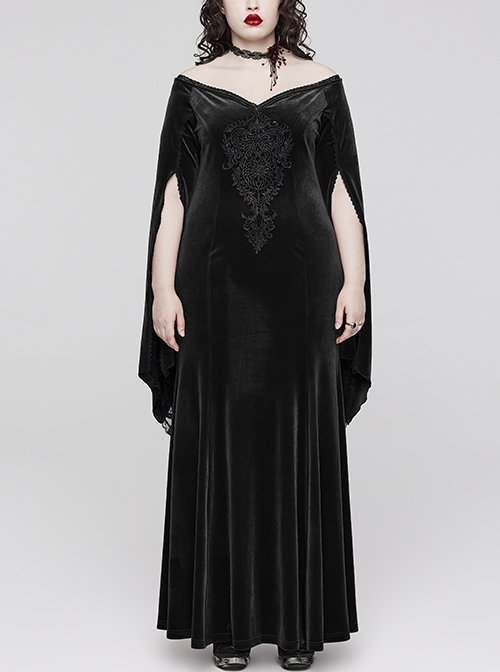 Black Stretch Velvet Lace V-Neck Oversized AppliquéD Rope Back Gothic Gown Dress