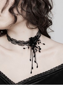 Flexible Adjustable Black Blood Drop Beaded Gothic Lace Necklace