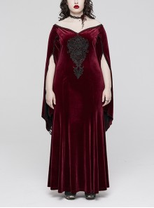 Black And Red Stretch Velvet Lace V-Neck Oversized AppliquéD Rope Back Gothic Gown Dress