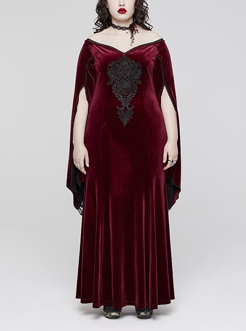 Black And Red Stretch Velvet Lace V-Neck Oversized AppliquéD Rope Back Gothic Gown Dress