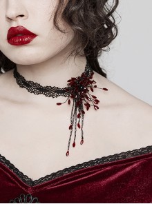 Flexible Adjustable Black And Red Blood Drop Beaded Gothic Lace Necklace