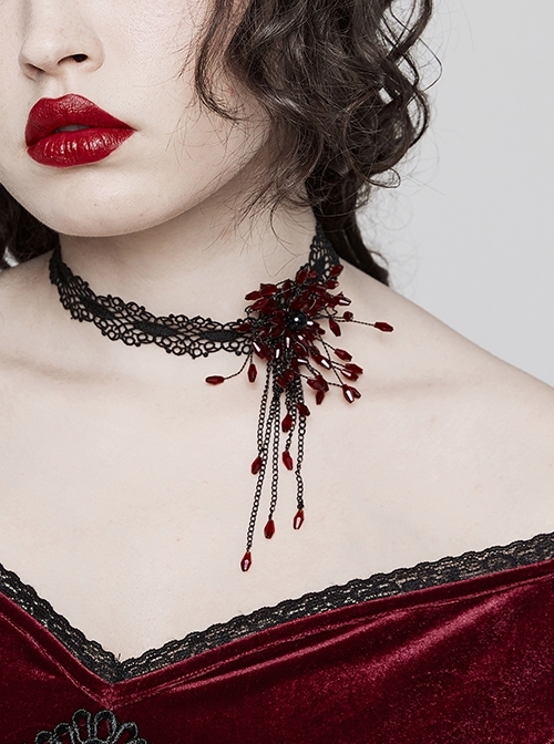 Flexible Adjustable Black And Red Blood Drop Beaded Gothic Lace Necklace