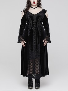 Black Stretch Velvet V-Neck Symmetrical Split Rope Gothic Sexy Lace Dress