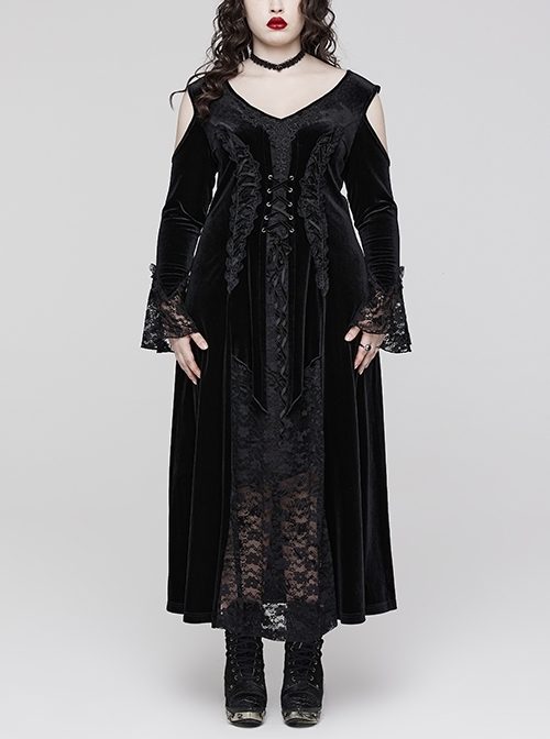 Black Stretch Velvet V-Neck Symmetrical Split Rope Gothic Sexy Lace Dress