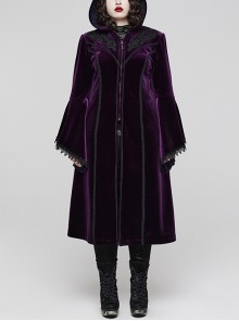 Black Purple Thickened Warm Hooded Delicate Lace Waist Adjustable Gothic Style Velvet Jacket