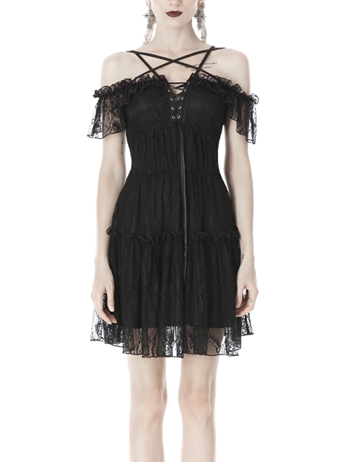 Lace Star-Line Straps Short Sleeves Black Gothic Dress