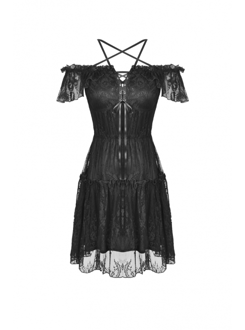 Lace Star-Line Straps Short Sleeves Black Gothic Dress - Magic Wardrobes