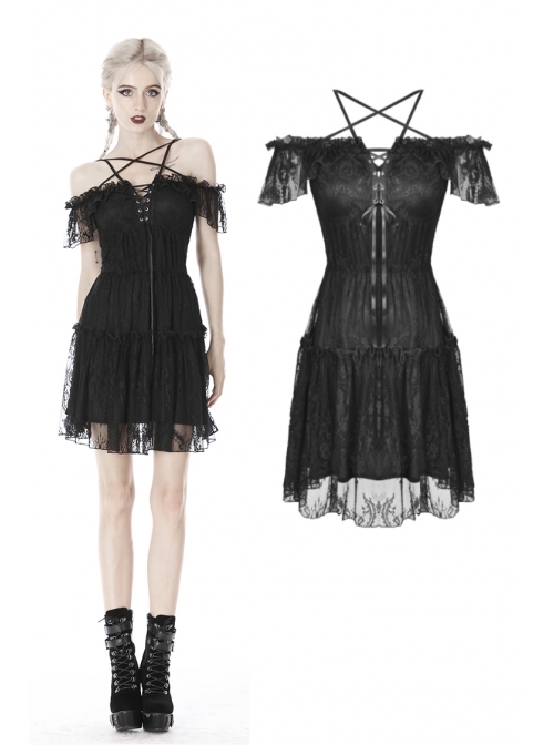 Lace Star-Line Straps Short Sleeves Black Gothic Dress